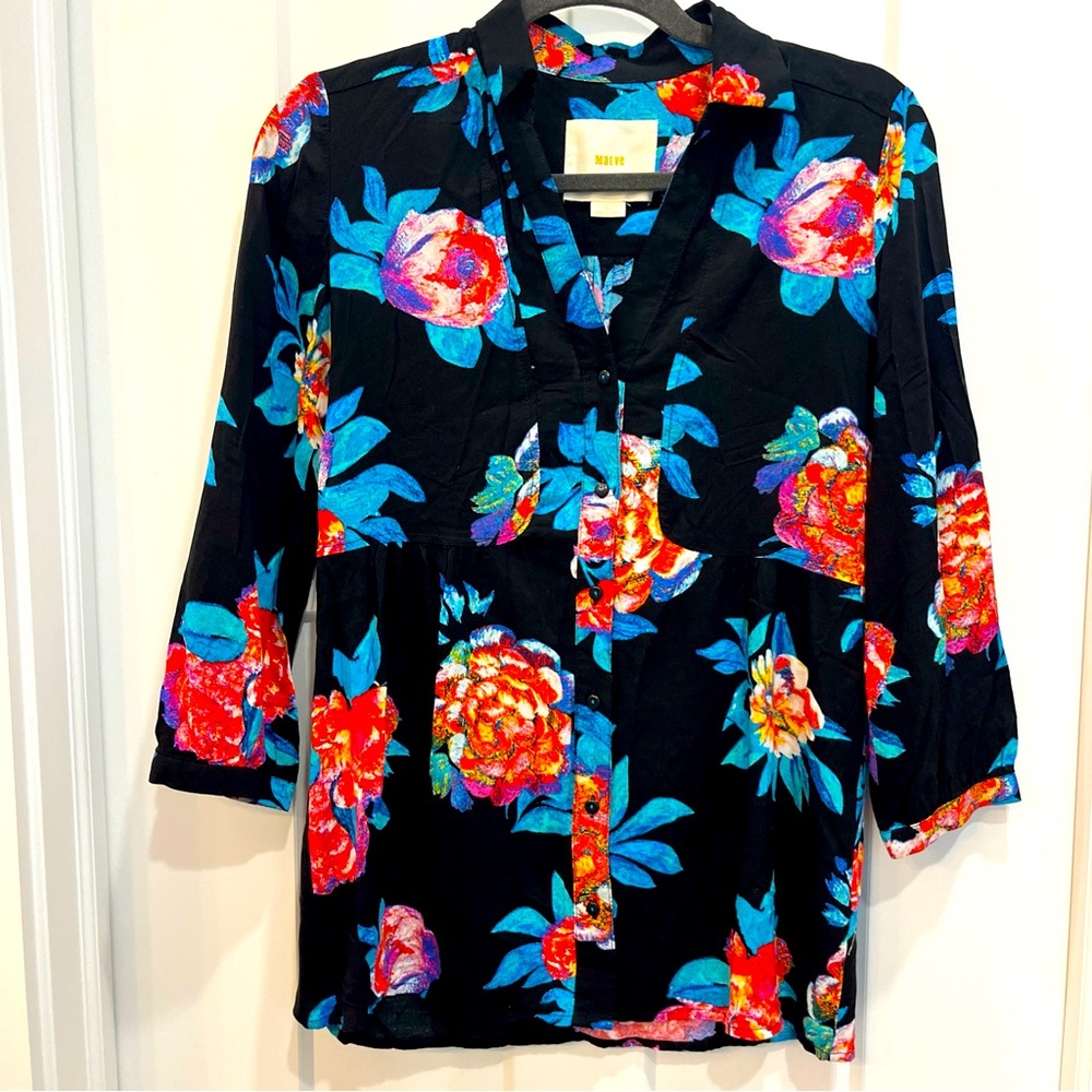 Anthropologie Maeve Woodland Walk Black Floral Button Down Blouse Size 6